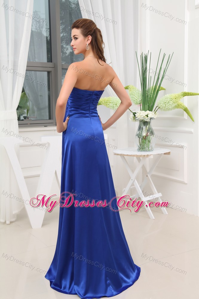 Blue Elastic Woven Satin Beaded Slit Prom Dress