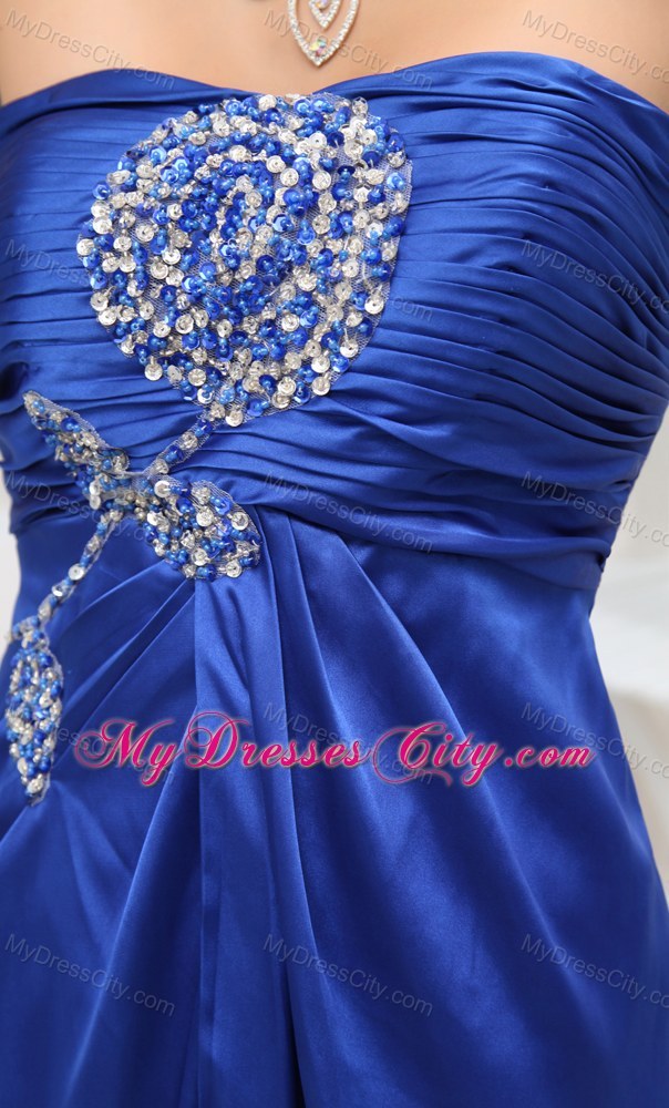 Blue Elastic Woven Satin Beaded Slit Prom Dress