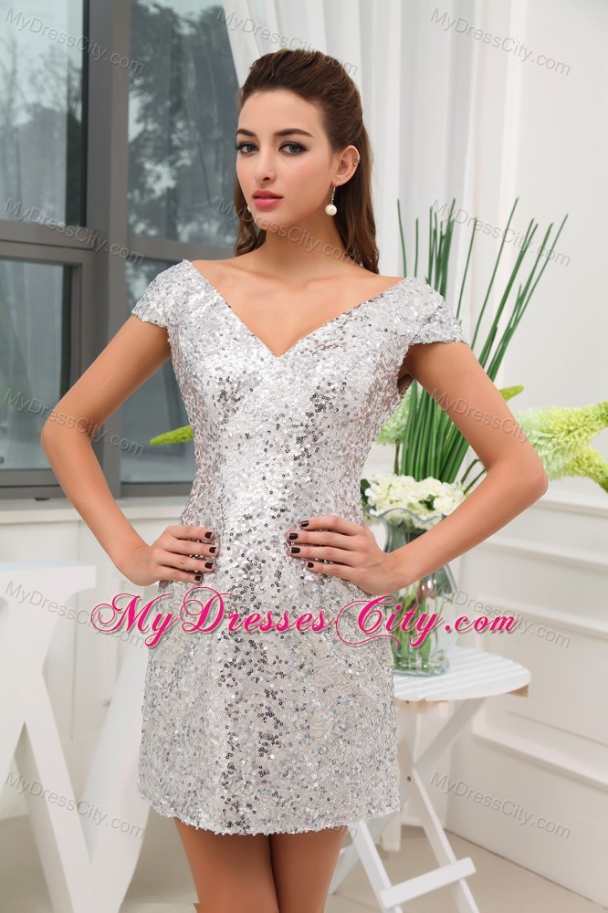 Sequined Mini-length V-neck Prom Dress with Sleeves