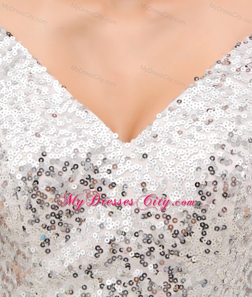 Sequined Mini-length V-neck Prom Dress with Sleeves