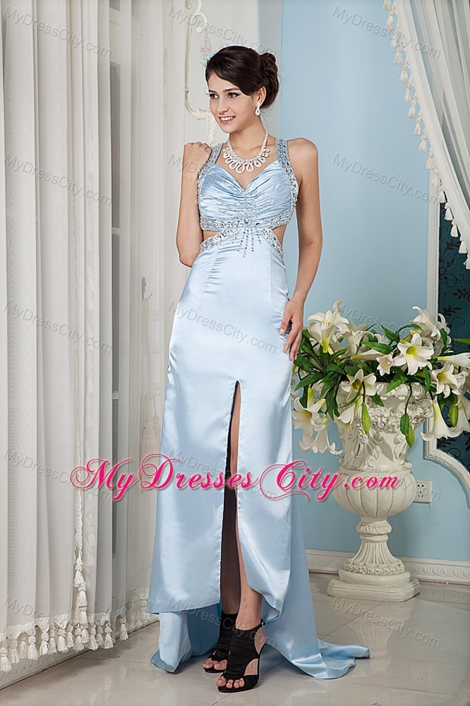 Light Blue Halter Top Beading Prom Gown with Brush Train