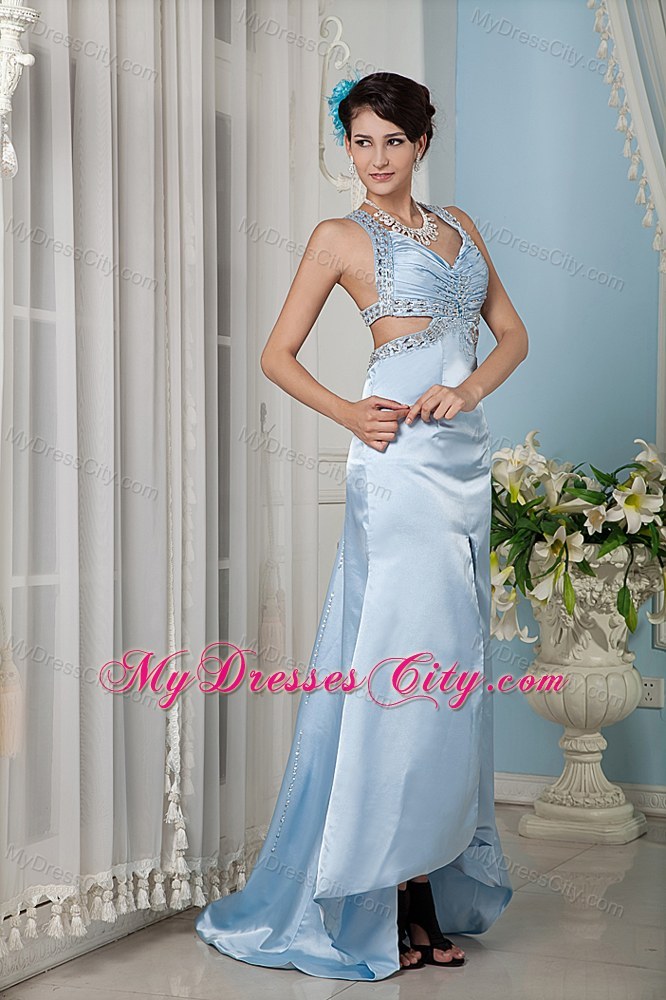 Light Blue Halter Top Beading Prom Gown with Brush Train