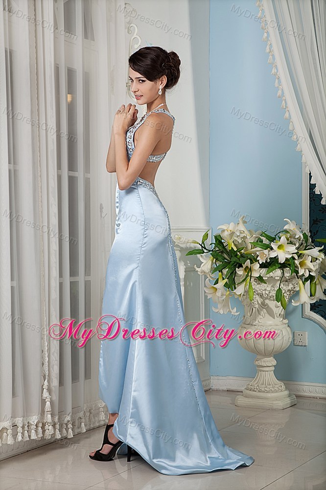 Light Blue Halter Top Beading Prom Gown with Brush Train