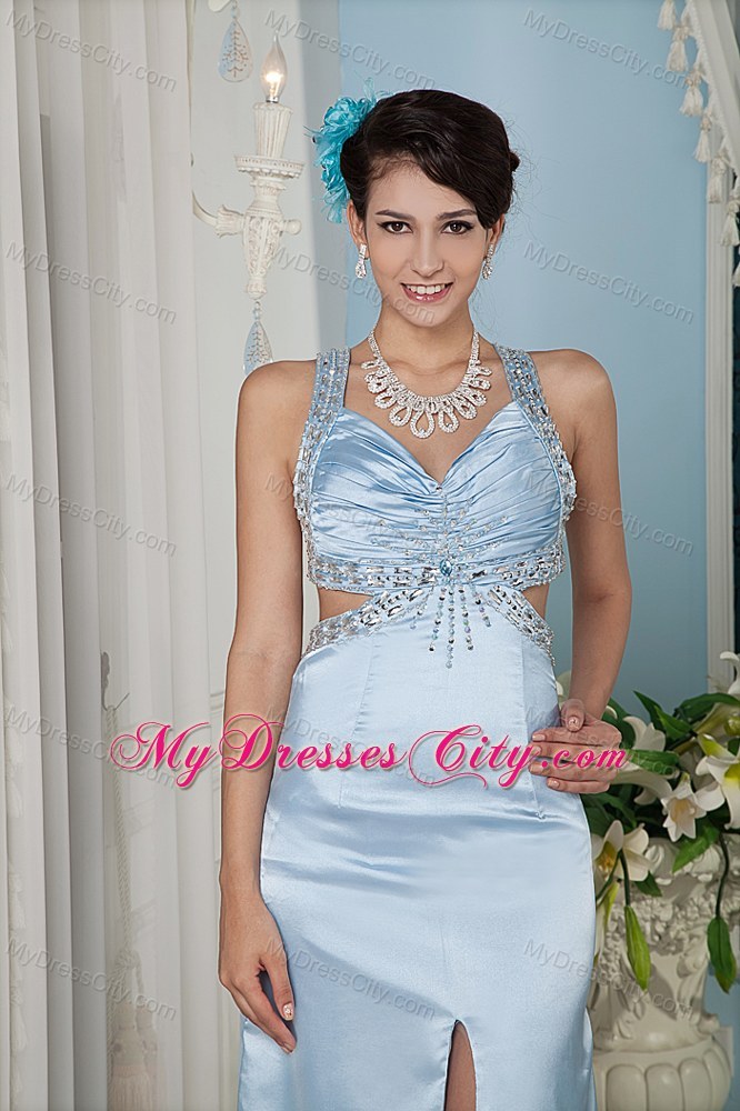 Light Blue Halter Top Beading Prom Gown with Brush Train