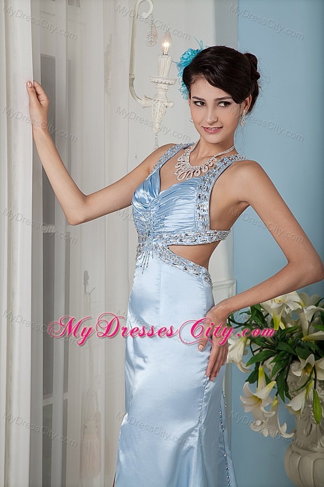 Light Blue Halter Top Beading Prom Gown with Brush Train