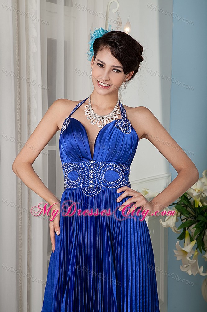 Royal Blue Beaded Halter Top Satin Dress for Prom