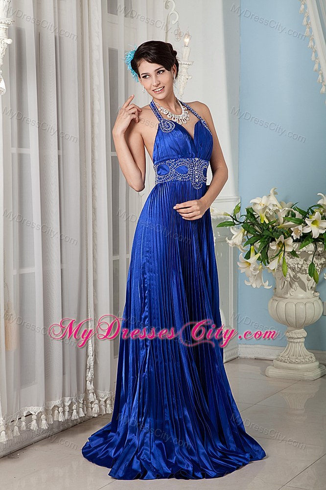 Royal Blue Beaded Halter Top Satin Dress for Prom