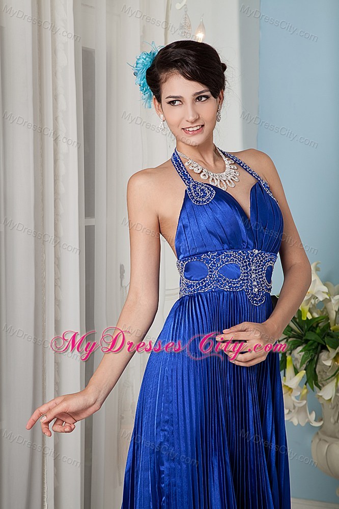 Royal Blue Beaded Halter Top Satin Dress for Prom