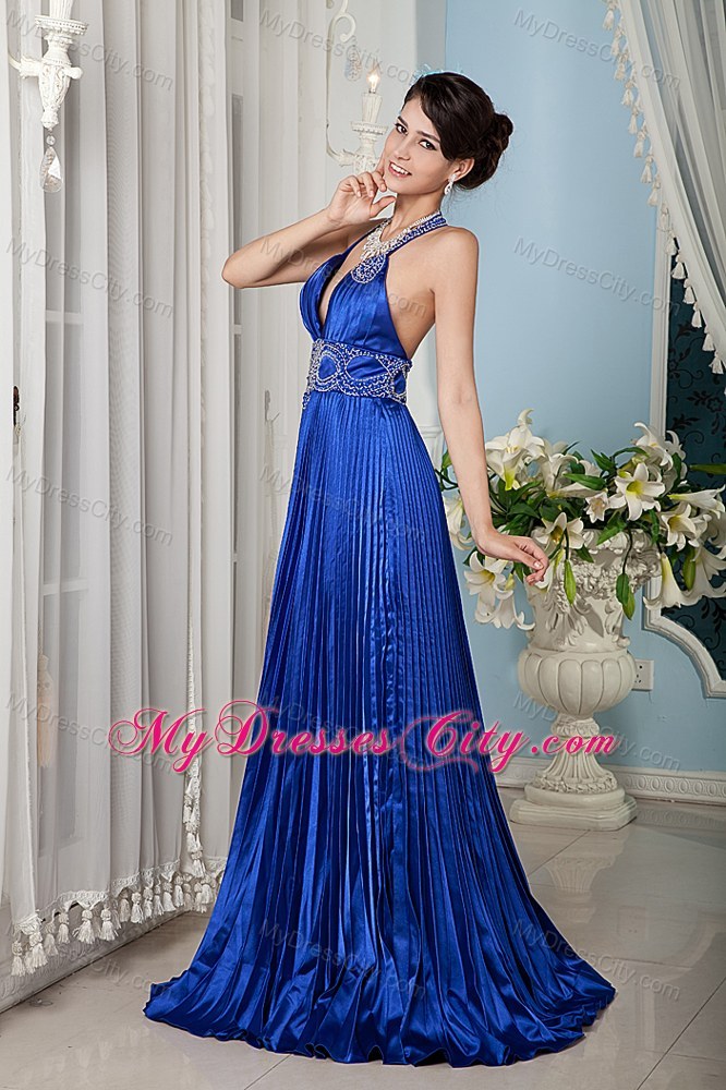 Royal Blue Beaded Halter Top Satin Dress for Prom