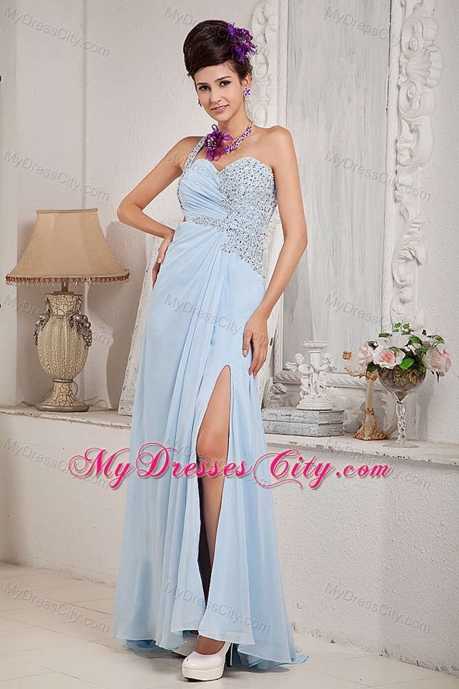 Blue Chiffon Prom Evening Dress with One Shoulder