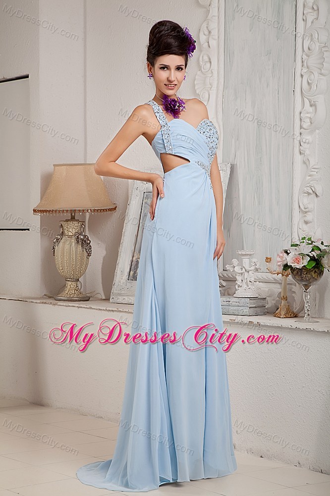 Blue Chiffon Prom Evening Dress with One Shoulder