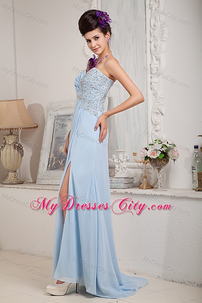 Blue Chiffon Prom Evening Dress with One Shoulder