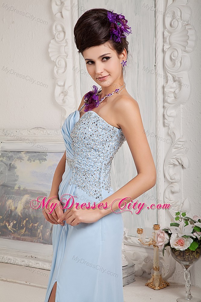 Blue Chiffon Prom Evening Dress with One Shoulder