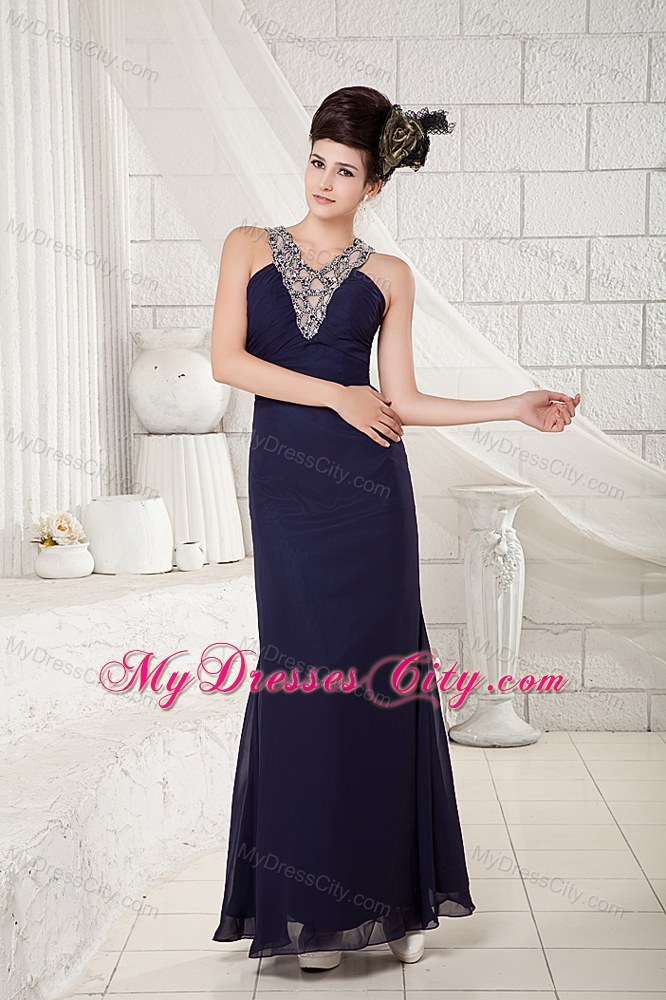 Navy Blue V-neck Beading Evening Dress Ankle-length