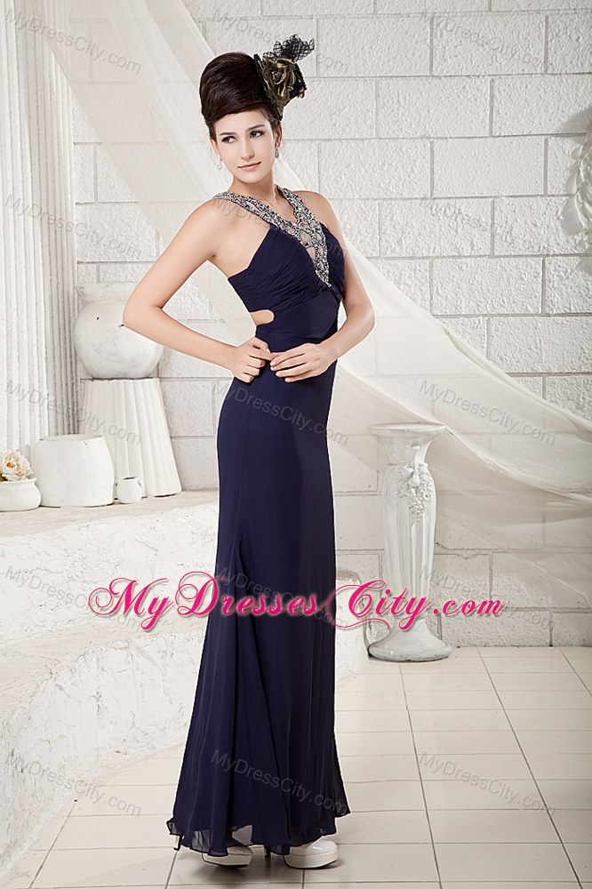 Navy Blue V-neck Beading Evening Dress Ankle-length