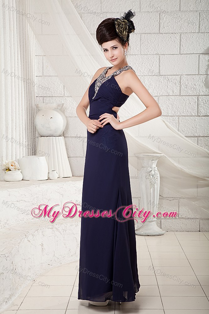 Navy Blue V-neck Beading Evening Dress Ankle-length