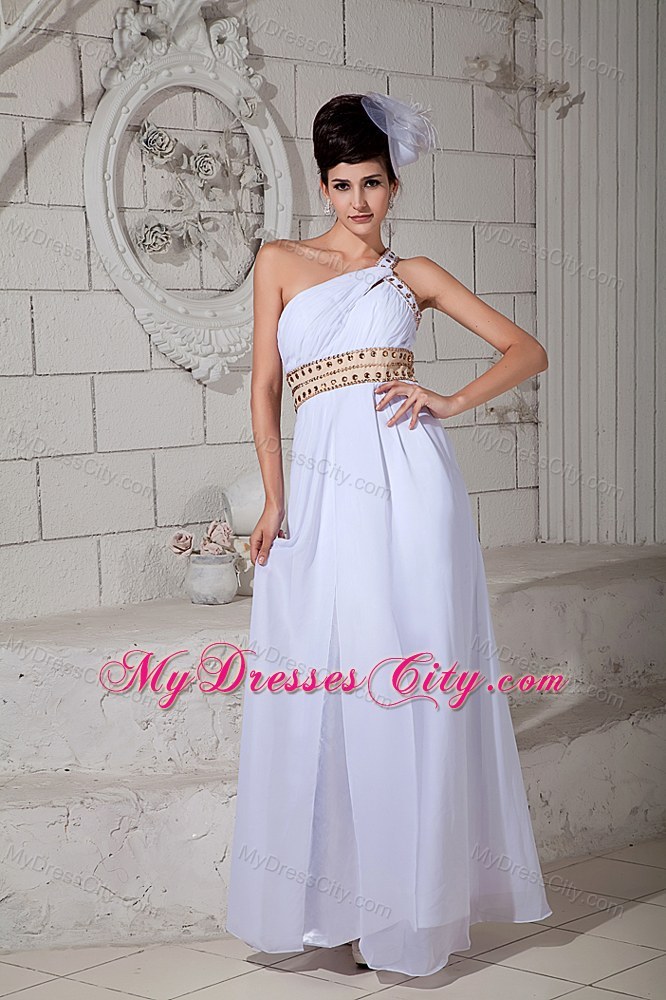 Empire White Beaded Prom Maxi Dress with Single Shoulder