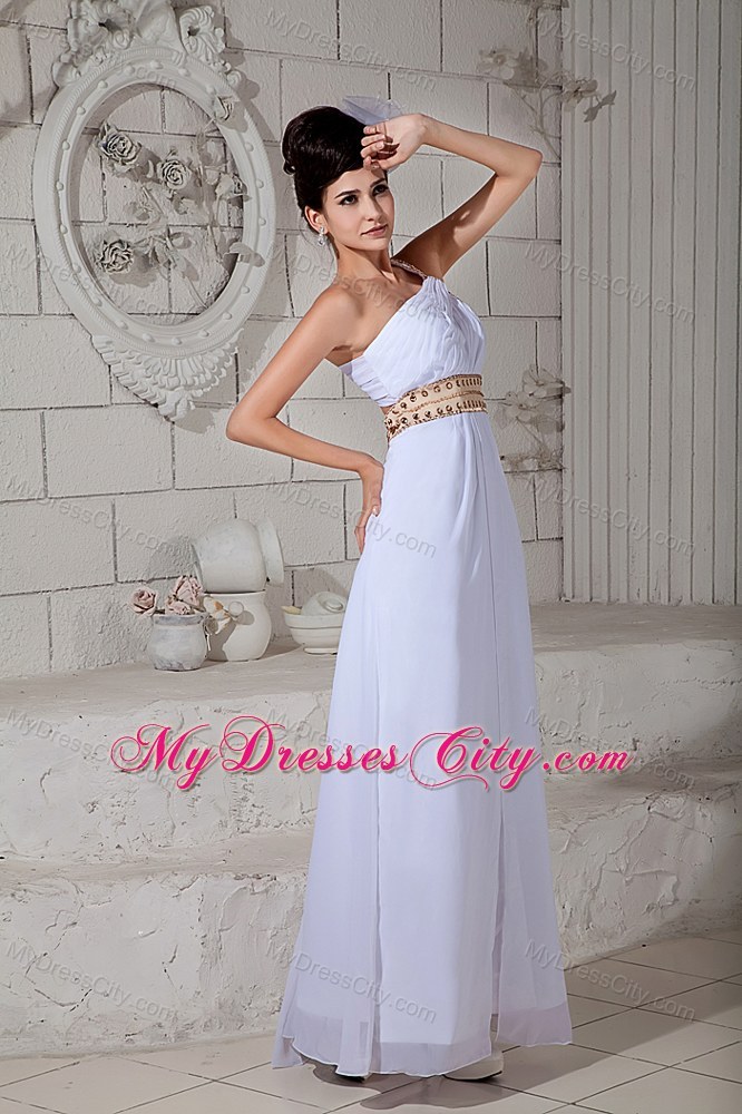 Empire White Beaded Prom Maxi Dress with Single Shoulder