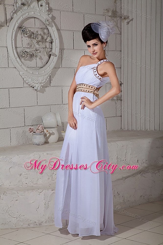 Empire White Beaded Prom Maxi Dress with Single Shoulder