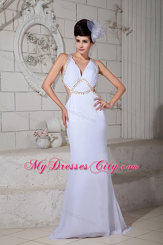 Chiffon V-neck Prom Celebrity Dress with Brush Train