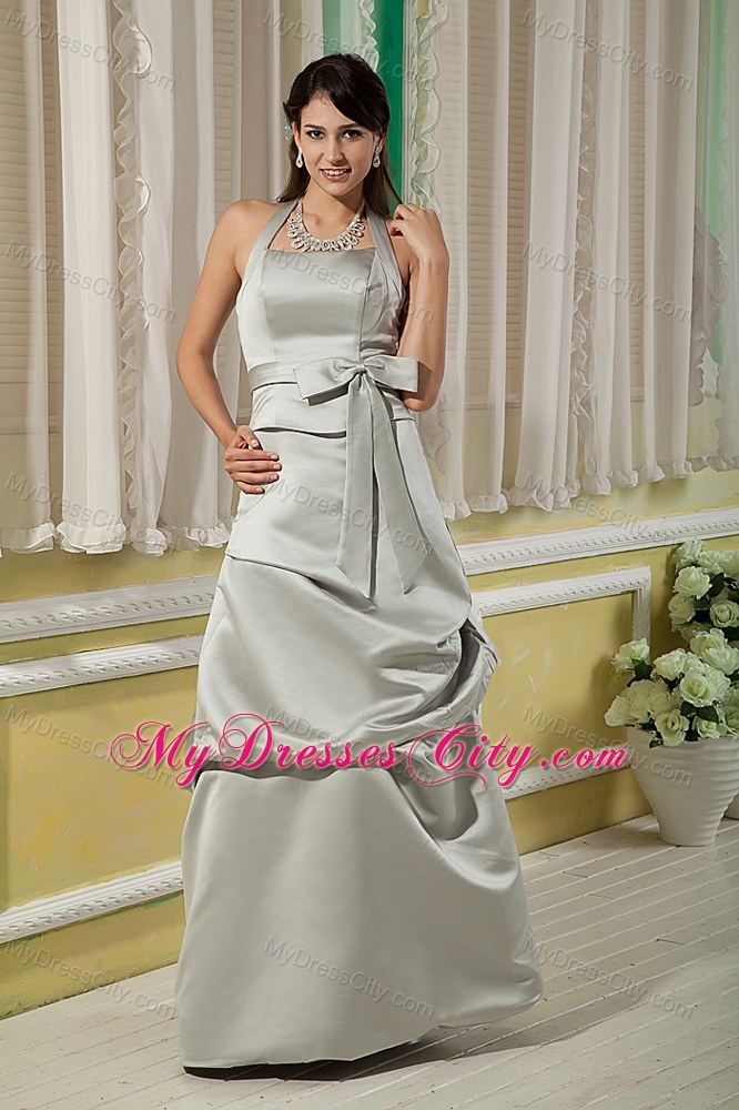 Elegant Grey Halter Top Prom Dress with Satin Bow