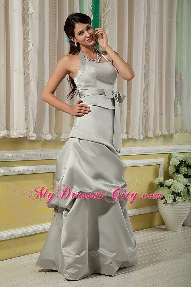 Elegant Grey Halter Top Prom Dress with Satin Bow