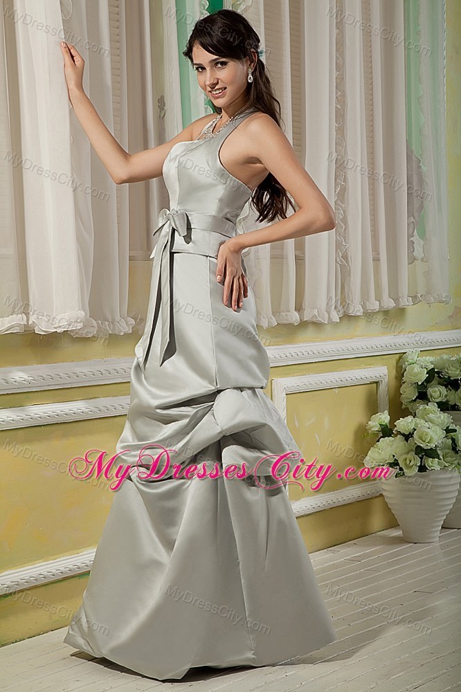 Elegant Grey Halter Top Prom Dress with Satin Bow