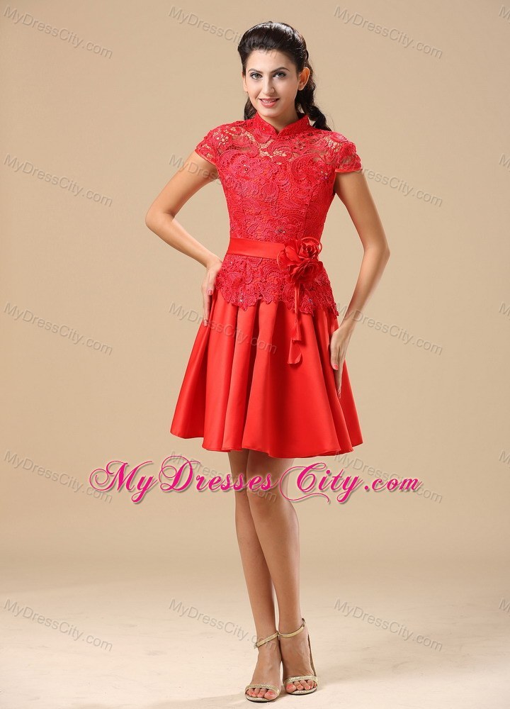 High-neck Red A-line Homecoming Dress With Sash Lace and Belt