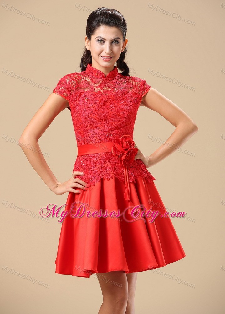 High-neck Red A-line Homecoming Dress With Sash Lace and Belt