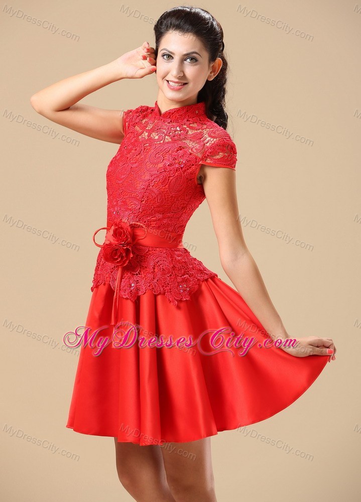 High-neck Red A-line Homecoming Dress With Sash Lace and Belt