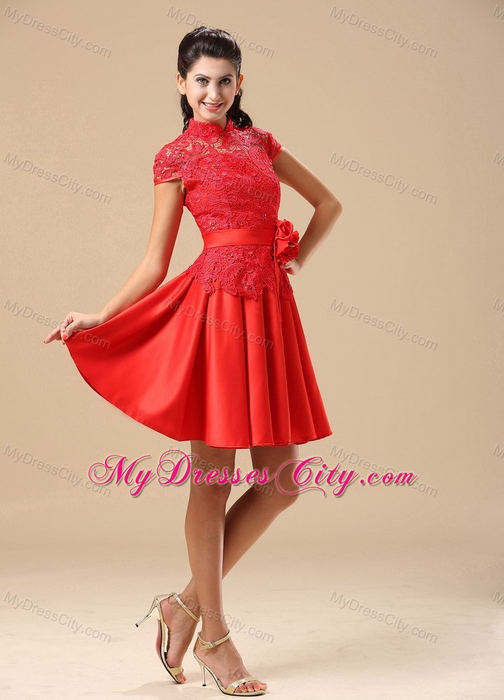 High-neck Red A-line Homecoming Dress With Sash Lace and Belt