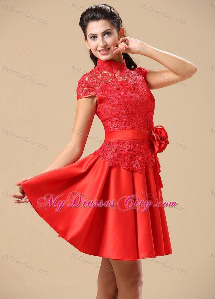 High-neck Red A-line Homecoming Dress With Sash Lace and Belt