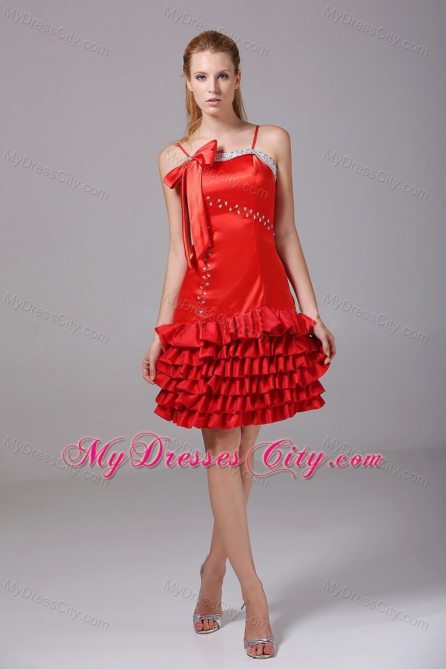 Beaded and Ruffled Layers Red Spaghetti Straps Homecoming Dress