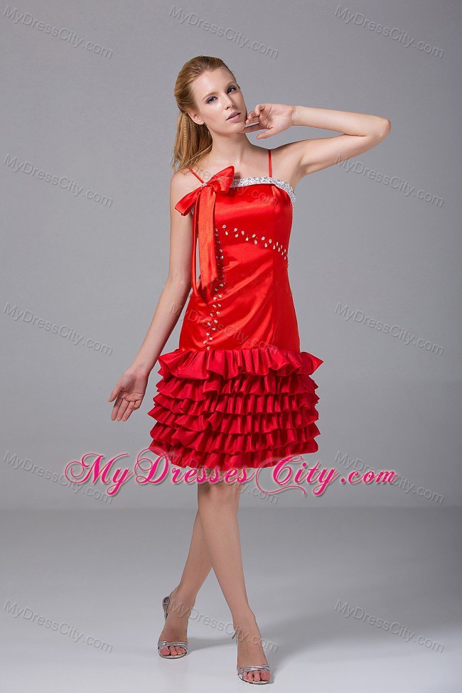 Beaded and Ruffled Layers Red Spaghetti Straps Homecoming Dress