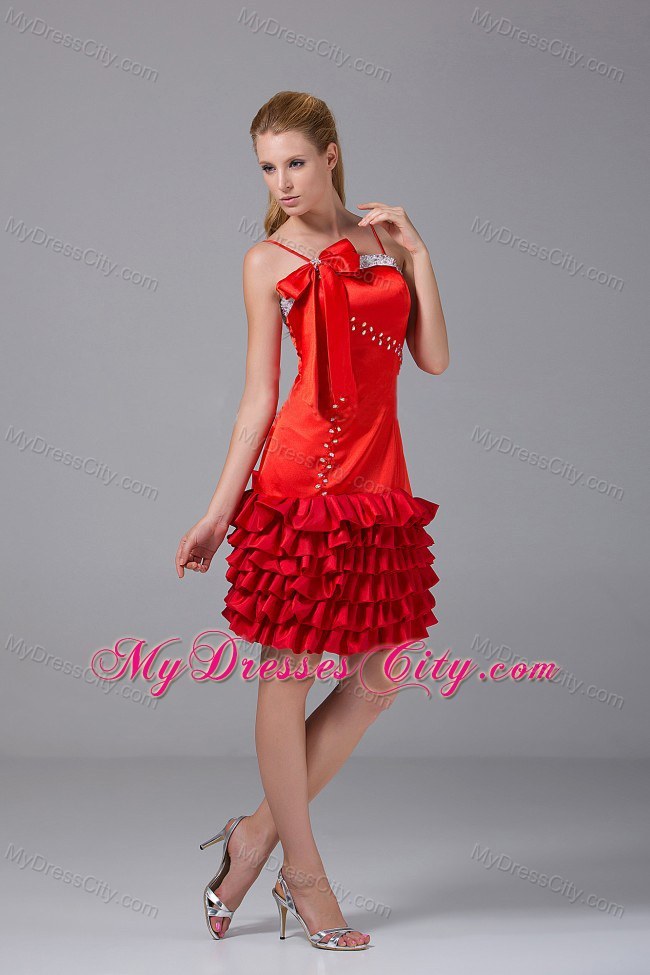 Beaded and Ruffled Layers Red Spaghetti Straps Homecoming Dress