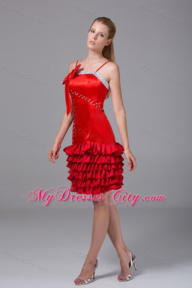 Beaded and Ruffled Layers Red Spaghetti Straps Homecoming Dress