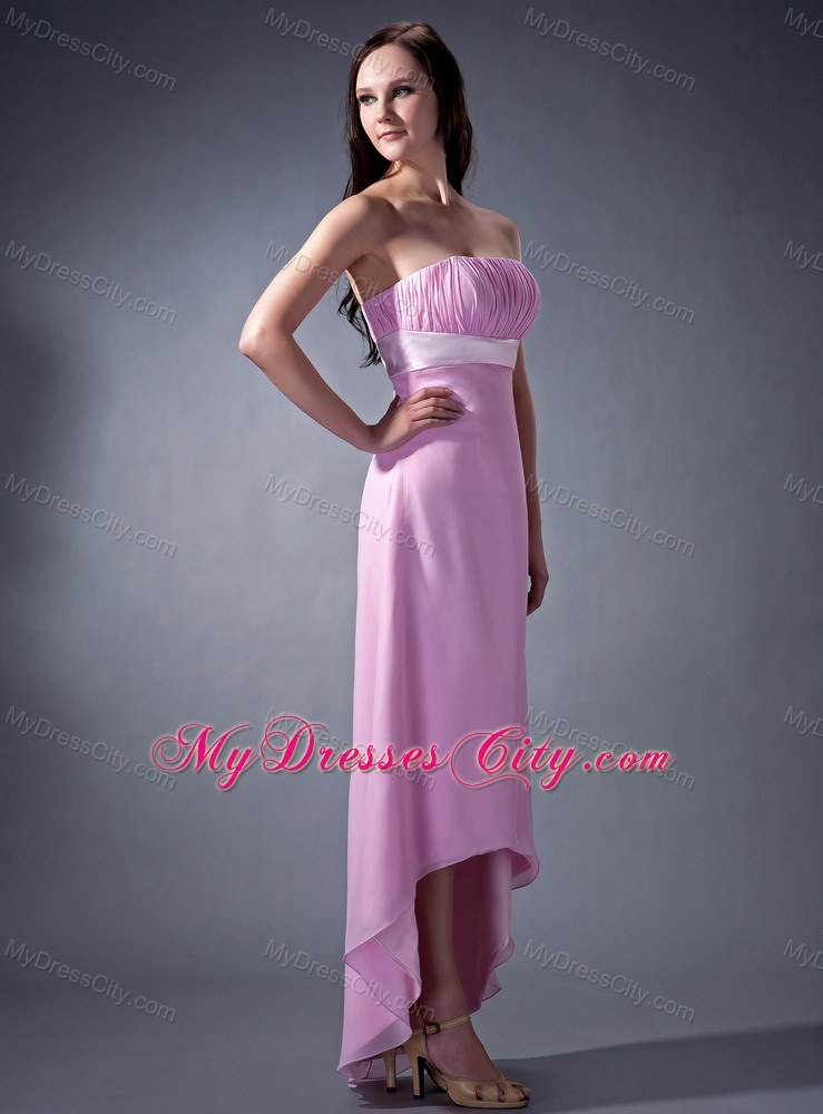 Pink Ruch Cloumn Strapless Belt Homecoming Dress High-low Chiffon