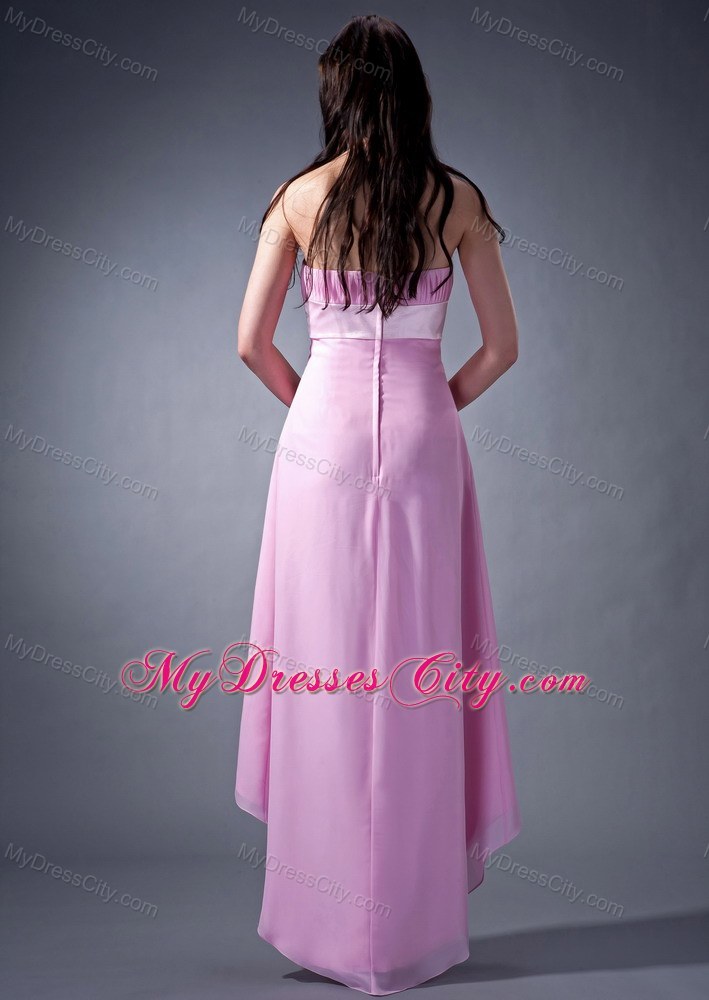 Pink Ruch Cloumn Strapless Belt Homecoming Dress High-low Chiffon