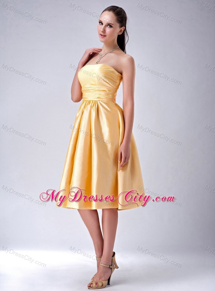 Satin Gold Ruched Prom Homecoming Dress with Big Bow on Back