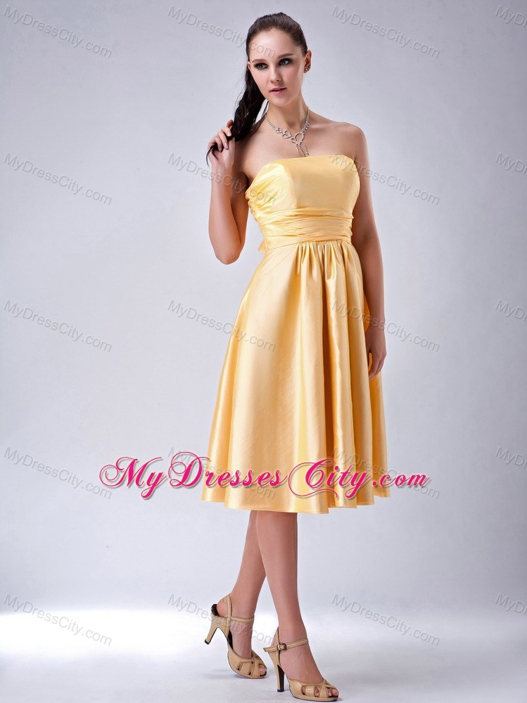 Satin Gold Ruched Prom Homecoming Dress with Big Bow on Back