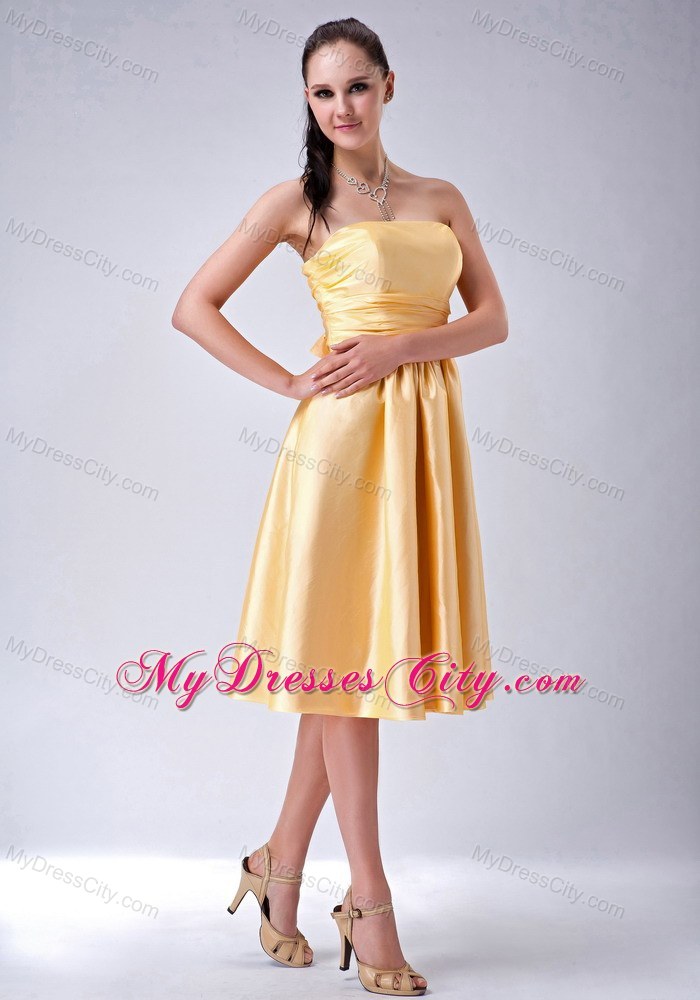 Satin Gold Ruched Prom Homecoming Dress with Big Bow on Back