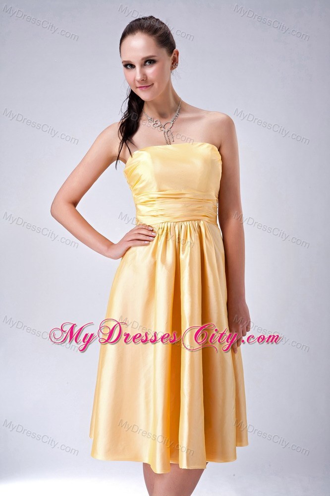 Satin Gold Ruched Prom Homecoming Dress with Big Bow on Back