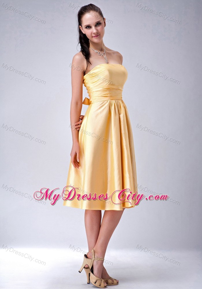 Satin Gold Ruched Prom Homecoming Dress with Big Bow on Back