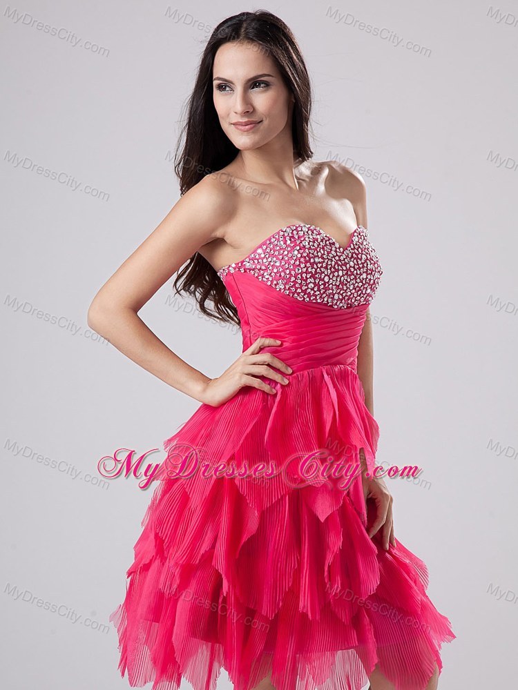 Ruffled Beading Sweetheart Coral Red Homecoming Cocktail Dress