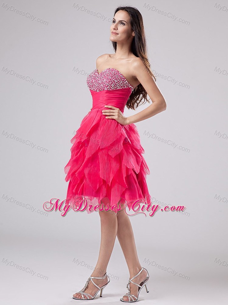 Ruffled Beading Sweetheart Coral Red Homecoming Cocktail Dress