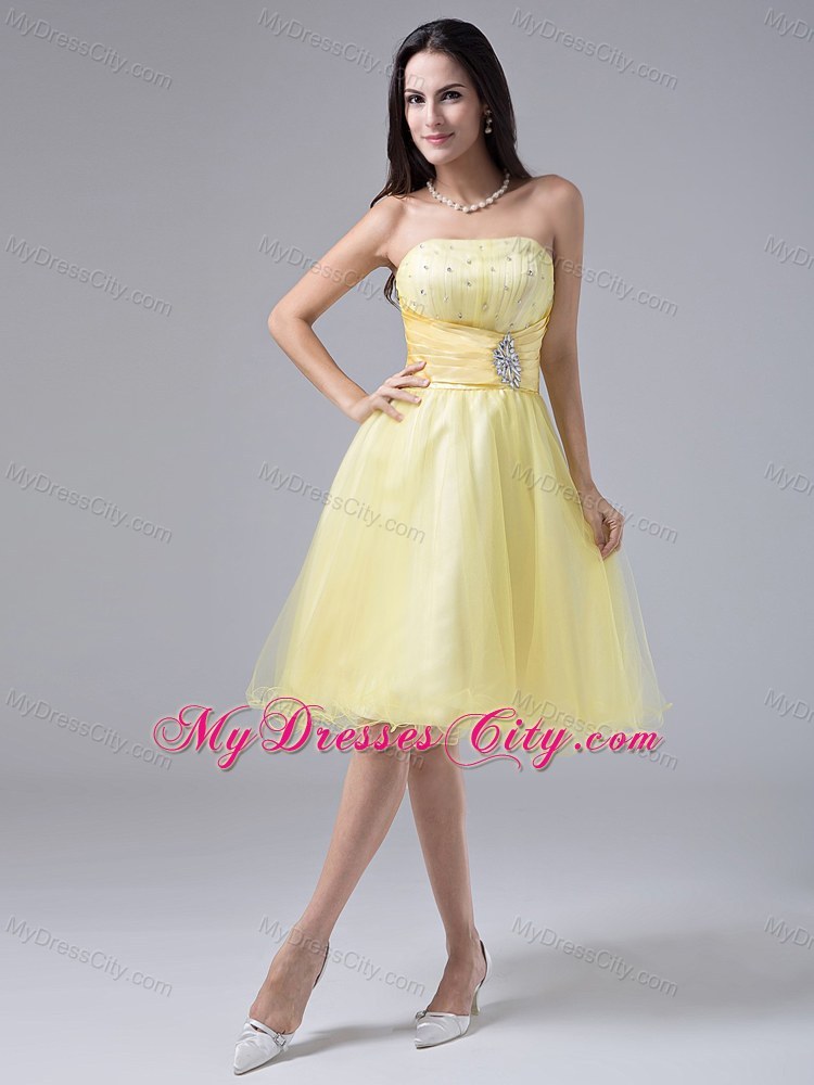 Beaded Ruching Light Yellow Homecoming Cocktail Dress Organza