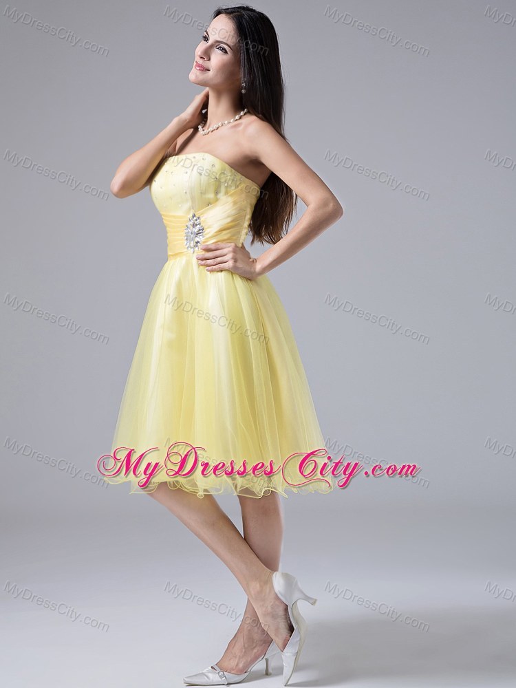 Beaded Ruching Light Yellow Homecoming Cocktail Dress Organza