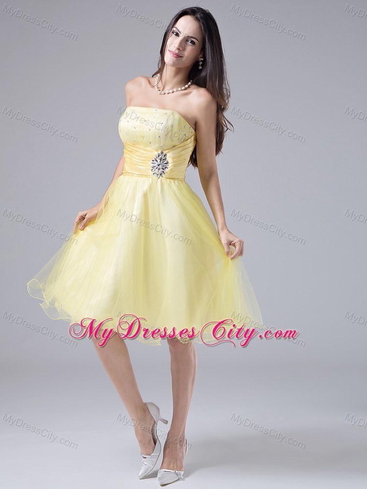 Beaded Ruching Light Yellow Homecoming Cocktail Dress Organza