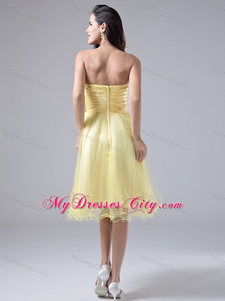 Beaded Ruching Light Yellow Homecoming Cocktail Dress Organza