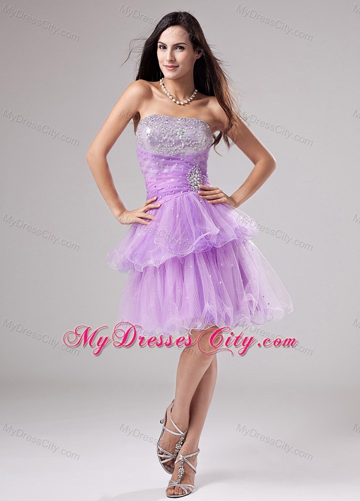 Lavender Homecoming Prom Dress Beading Ruched Layered Organza